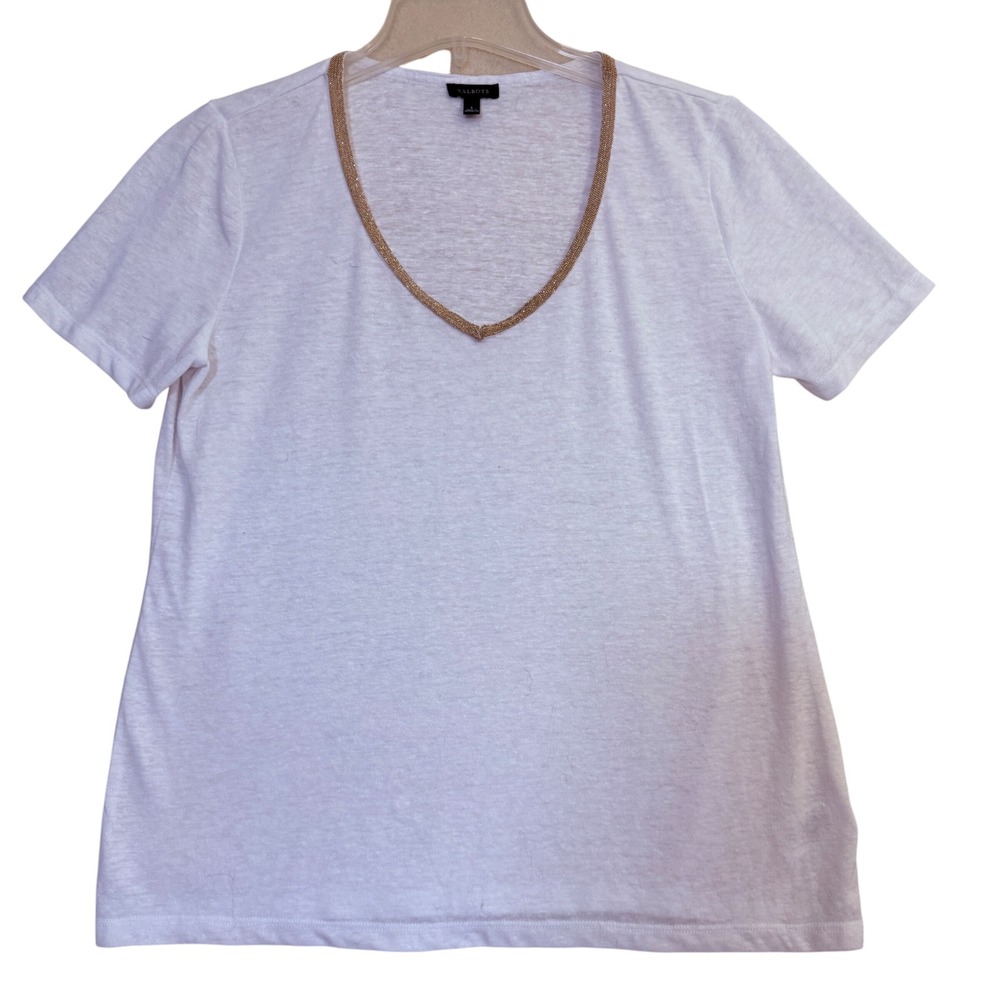 Talbots White Linen Blend V Neck Short Sleeve Beaded Trim Top Size S